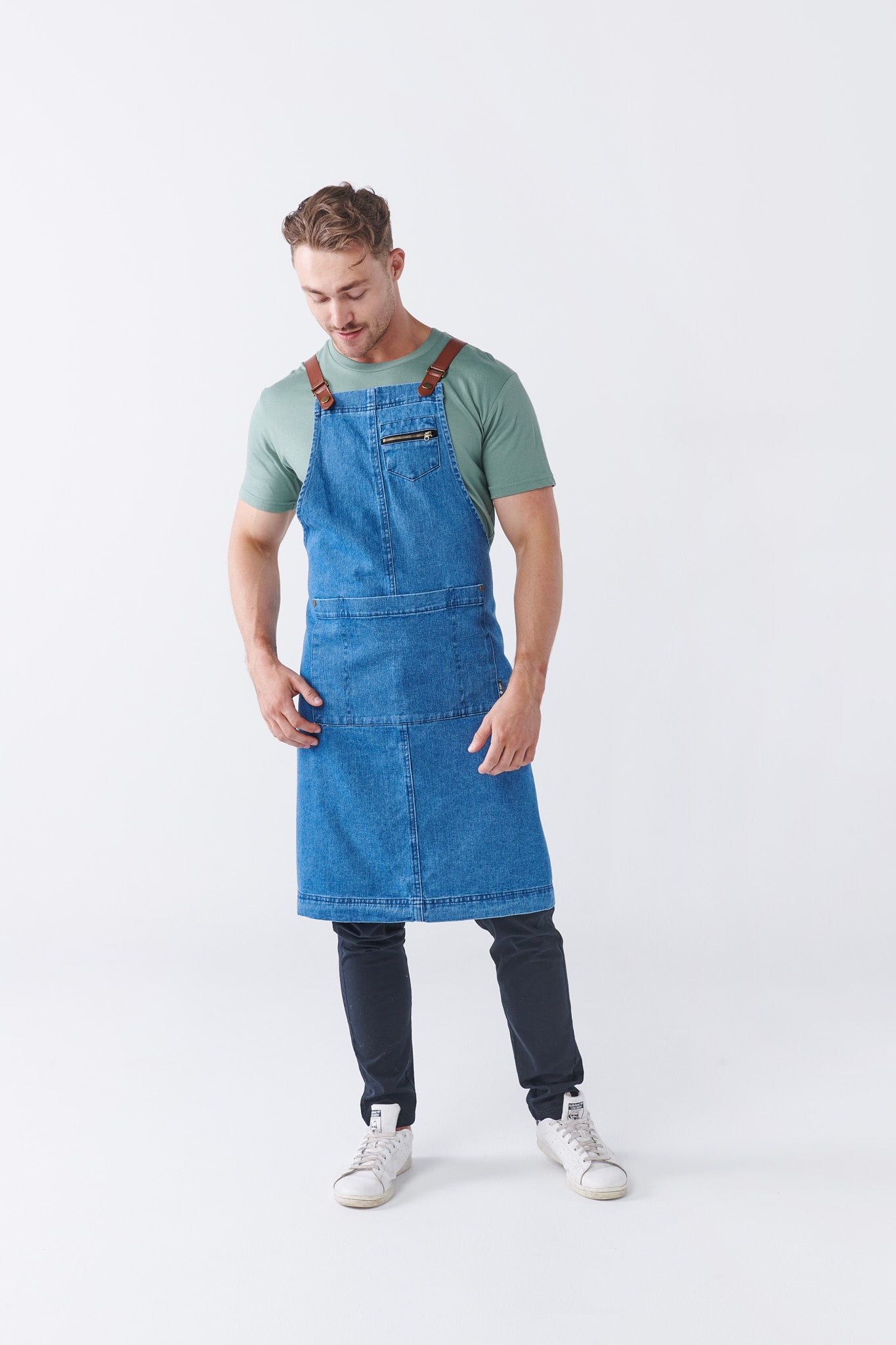 SALE - BERMUDA Denim Bib Apron with PU Leather Straps