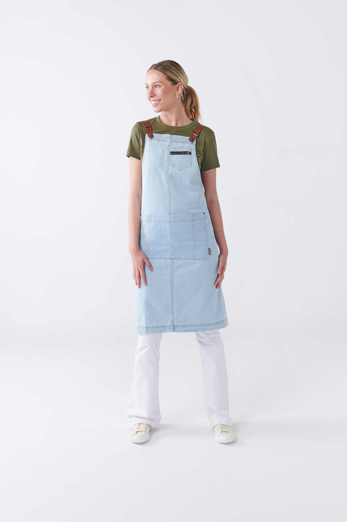SALE - BERMUDA Denim Bib Apron with PU Leather Straps