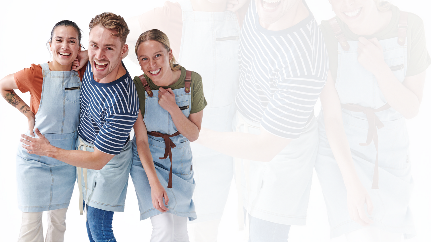 3 PEOPLE WEARING URBAN BAR DESIGN DENIM APRONS