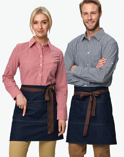 East Village half denim aprons in different colours