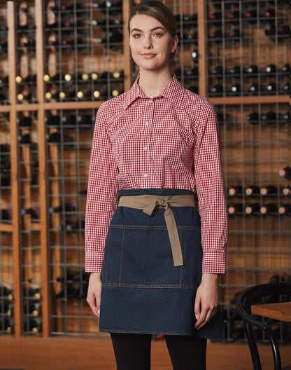 East Village half denim apron on model